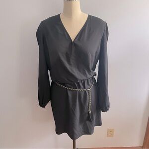 Cache Long Sleeve Dress with Leather and Metal Chain Belt- Black- Size 10